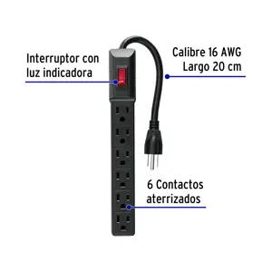 Volteck Multicontacto 16 AWG doméstico económico 6 entradas, negro