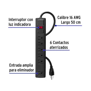 Multicontacto 16 AWG doméstico con 6 entradas, negro Volteck