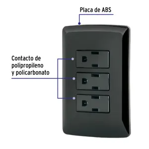 Volteck Placa armada 3 contactos aterrizados, negro, línea Italiana