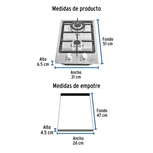 Foset Parrilla gas empotrable 30cm, 2 quem, acero inox, Riviera