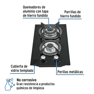 Foset Parrilla gas empotrable 30cm, 2 quem, vidrio negro, Riviera