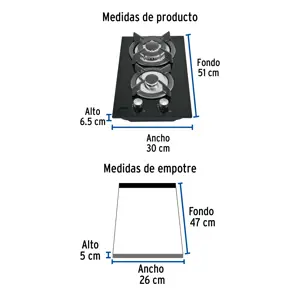 Foset Parrilla gas empotrable 30cm, 2 quem, vidrio negro, Riviera