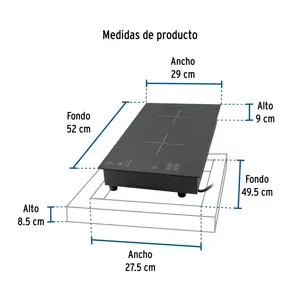 Foset Parrilla inducción empotrable 30cm, 2 quem, vidrio, Riviera