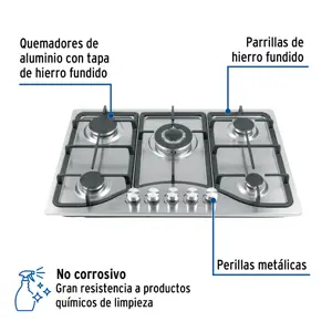 Foset Parrilla gas empotrable 75cm, 5 quem, acero inox, Riviera