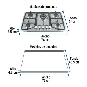 Foset Parrilla gas empotrable 75cm, 5 quem, acero inox, Riviera