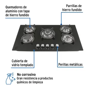 Foset Parrilla gas empotrable 90cm, 5 quem, vidrio negro, Riviera