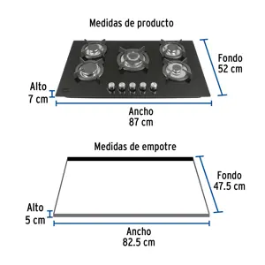 Foset Parrilla gas empotrable 90cm, 5 quem, vidrio negro, Riviera