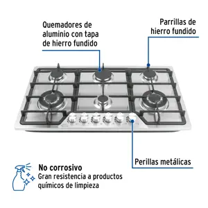 Foset Parrilla gas empotrable 90cm, 6 quem, acero inox, Riviera