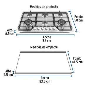 Foset Parrilla gas empotrable 90cm, 6 quem, acero inox, Riviera