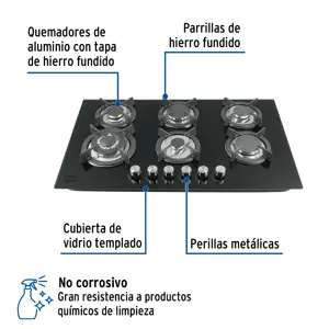 Foset Parrilla gas empotrable 90cm, 6 quem, vidrio negro, Riviera