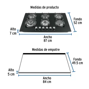 Foset Parrilla gas empotrable 90cm, 6 quem, vidrio negro, Riviera