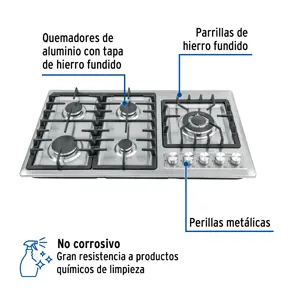 Foset Parrilla gas empotrable 90cm, 5 quem, lateral, inox, Riviera