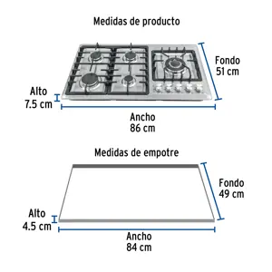 Foset Parrilla gas empotrable 90cm, 5 quem, lateral, inox, Riviera