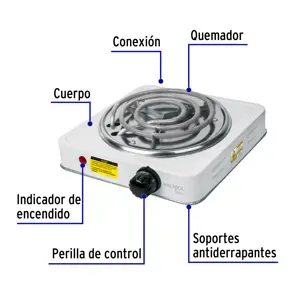 Volteck Parrilla eléctrica 1 quemador en espiral, blanca, BASIC