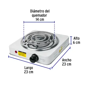 Volteck Parrilla eléctrica 1 quemador en espiral, blanca, BASIC