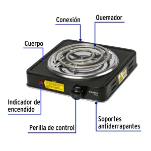 Volteck Parrilla eléctrica 1 quemador en espiral, negra, BASIC