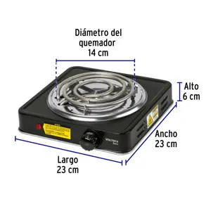 Volteck Parrilla eléctrica 1 quemador en espiral, negra, BASIC