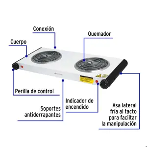 Parrilla eléctrica 2 quemadores en espiral, blanca, VOLTECK