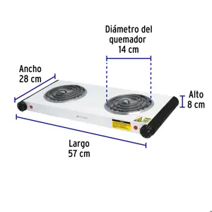 Parrilla eléctrica 2 quemadores en espiral, blanca, VOLTECK