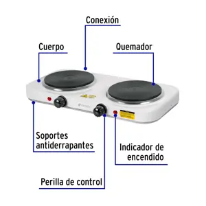 Parrilla eléctrica 2 quemadores de disco, blanca, VOLTECK