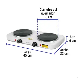 Parrilla eléctrica 2 quemadores de disco, blanca, VOLTECK