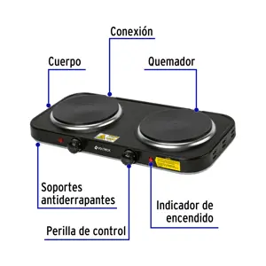 Parrilla eléctrica 2 quemadores de disco, negra, VOLTECK