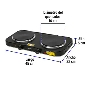 Parrilla eléctrica 2 quemadores de disco, negra, VOLTECK