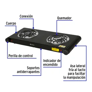 Parrilla eléctrica 2 quemadores en espiral, negra, VOLTECK