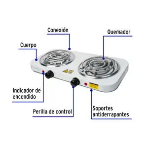 Volteck Parrilla eléctrica 2 quemadores en espiral, blanca, BASIC