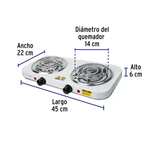 Volteck Parrilla eléctrica 2 quemadores en espiral, blanca, BASIC