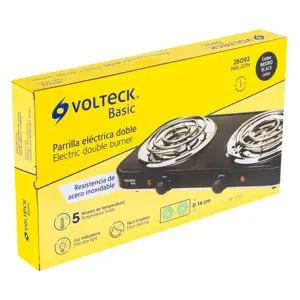 Volteck Parrilla eléctrica 2 quemadores en espiral, negra, BASIC