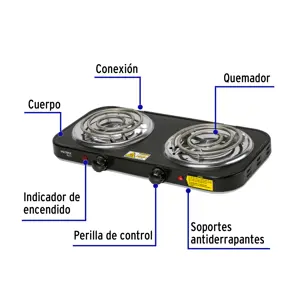 Volteck Parrilla eléctrica 2 quemadores en espiral, negra, BASIC