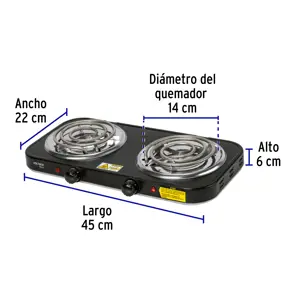 Volteck Parrilla eléctrica 2 quemadores en espiral, negra, BASIC