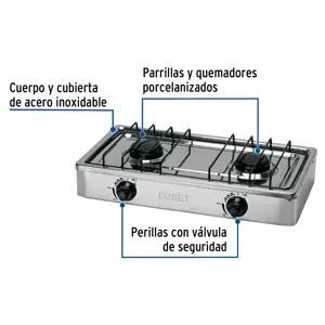 Parrilla de gas de sobreponer 2 quemadores, inox, Foset