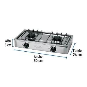 Parrilla de gas de sobreponer 2 quemadores, inox, Foset