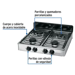 Parrilla de gas de sobreponer 4 quemadores, inox, Foset