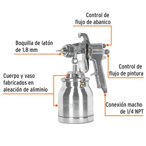 Pistola p/pintar succión HVHP vaso alum, 1.8mm, 2 vál Truper