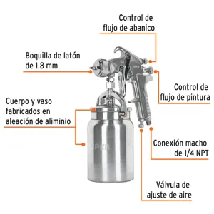 Pistola p/pintar succión HVHP vaso alum, 1.8mm, 3 vál Truper