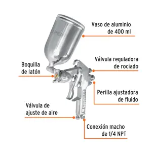 Pistola p/pintar gravedad LVMP vaso aluminio, 1.4 mm, Truper