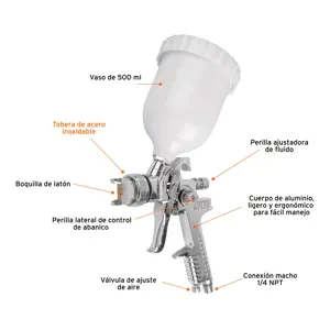 Pistola p/pintar gravedad HVLP vaso plástico, 1.4 mm, Truper