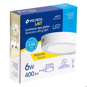 Volteck Luminario LED tipo plafón 6 W, redondo, luz de día, blanco