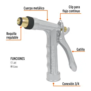 Truper Pistola para riego 2 funciones metálica, boquilla regulable