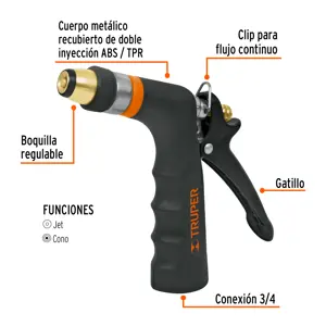 Truper Pistola para riego 2 funciones con recubrimiento y boquilla