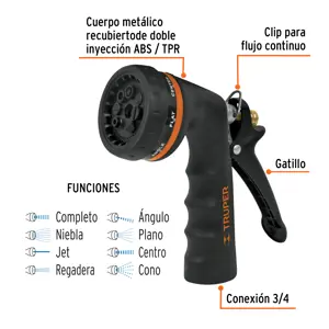 Truper Pistola para riego de 8 funciones metálica con recubrimiento