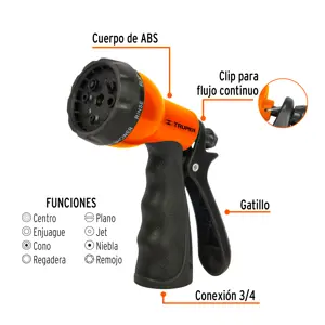 Truper Pistola para riego de 8 funciones plástica con recubrimiento