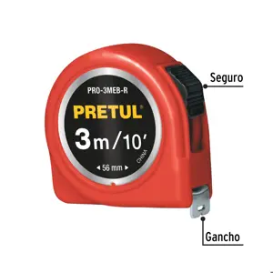 Flexómetro rojo 3 m cinta 13 mm, en tarjeta, PRETUL