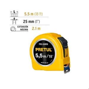 Flexómetro amarillo 5.5 m cinta 25 mm, en tarjeta, PRETUL