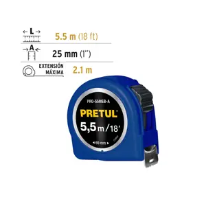 Flexómetro azul 5.5 m cinta 25 mm, en tarjeta, PRETUL