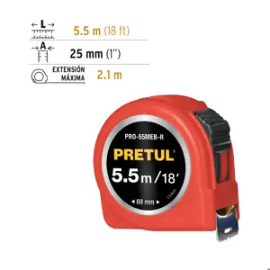 Flexómetro rojo 5.5 m cinta 25 mm, en tarjeta, PRETUL