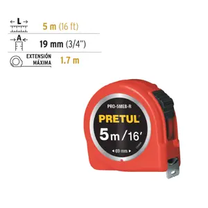 Flexómetro rojo 5 m cinta 19 mm, en tarjeta, PRETUL